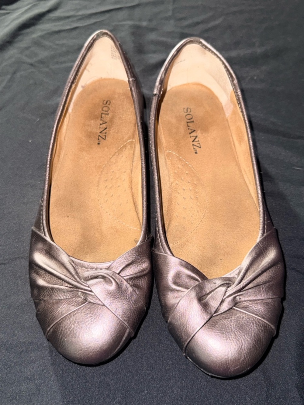 Metallic Gray Knot-Detail Ballet Flats - Women's